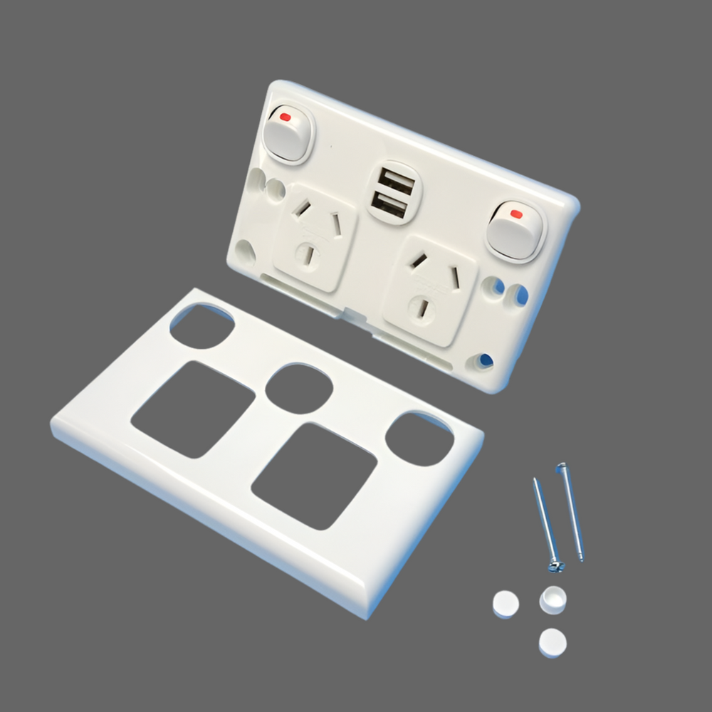 POWER POINT DOUBLE POLE 10A WITH DUAL USB CHARGER.C/W COVER PLATE. P2D/ USB