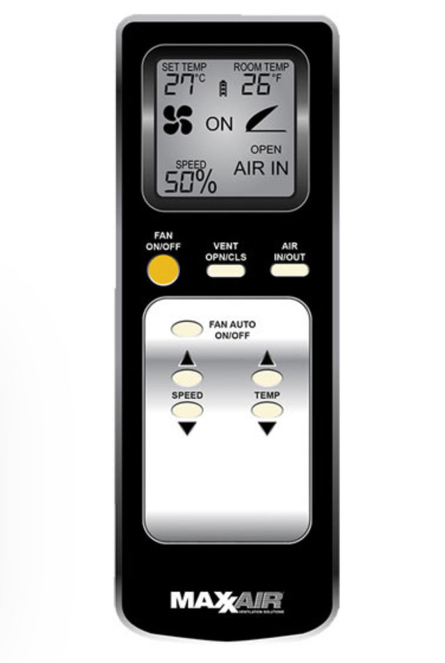 Maxxfan Deluxe with Rain Dome,T/Stat, Power Lift and Remote .356mm x 356mm.00-07000KI