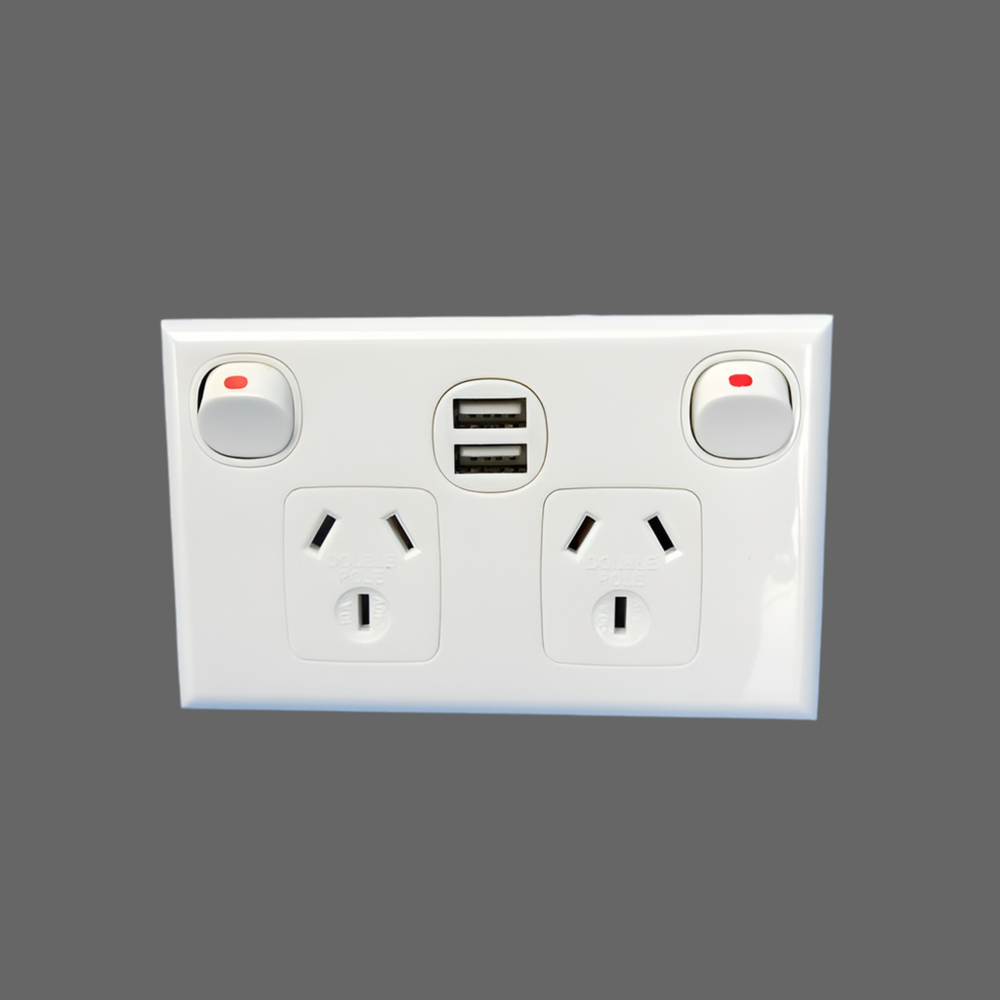 POWER POINT DOUBLE POLE 10A WITH DUAL USB CHARGER.C/W COVER PLATE. P2D/ USB