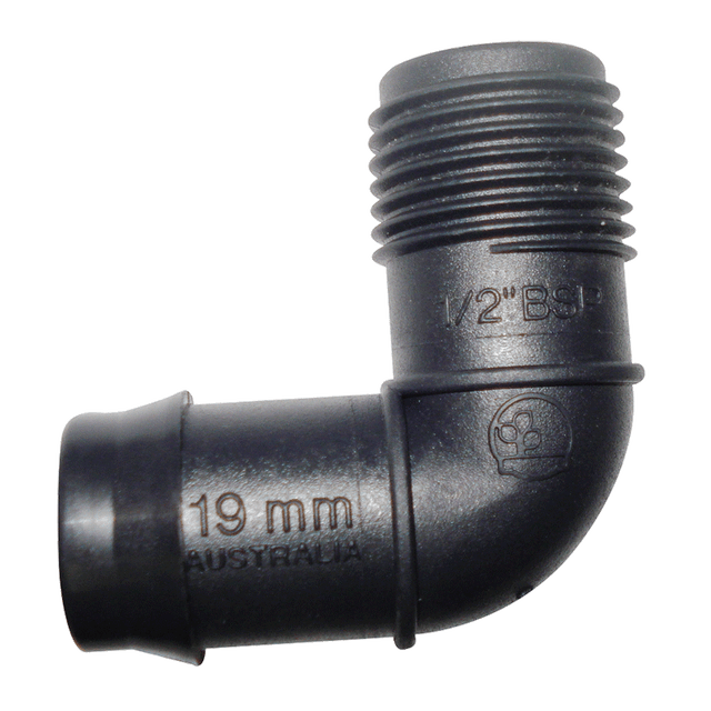 THREADED ELBOW 19MM BARBED x 1/2 BSP MALE. EBM1915