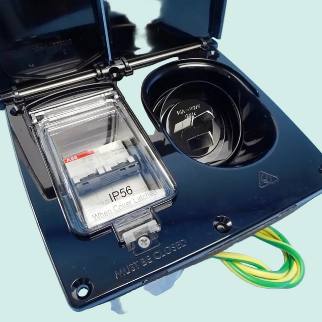 CMS 15AMP SINGLE 15A AUTOSWITCH INLET BLACK WITH RCD SWITCH -IP44. JILCBBLK
