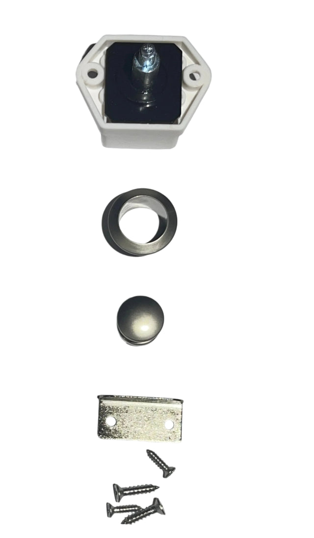 Cupboard Catch Set - Push Button (Chrome 16mm Knob/White Back)